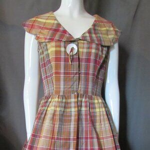 Fun Vintage Dress Earth Tone Cotton Plaid Sleeveless, Full Skirt 1950 1960 Style